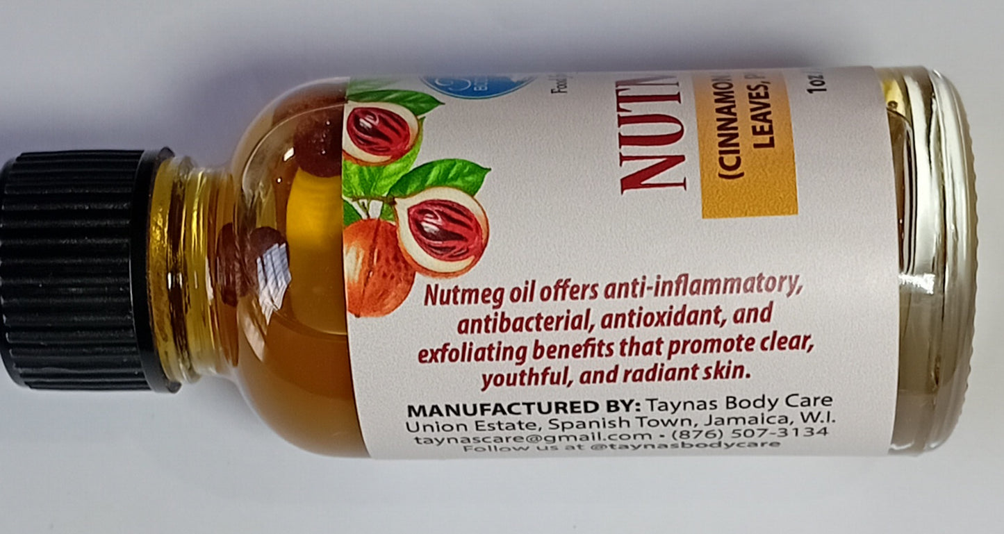 Nutmeg oil bottle from Taynas Body Care, natural body care product with a clear label and dropper cap.