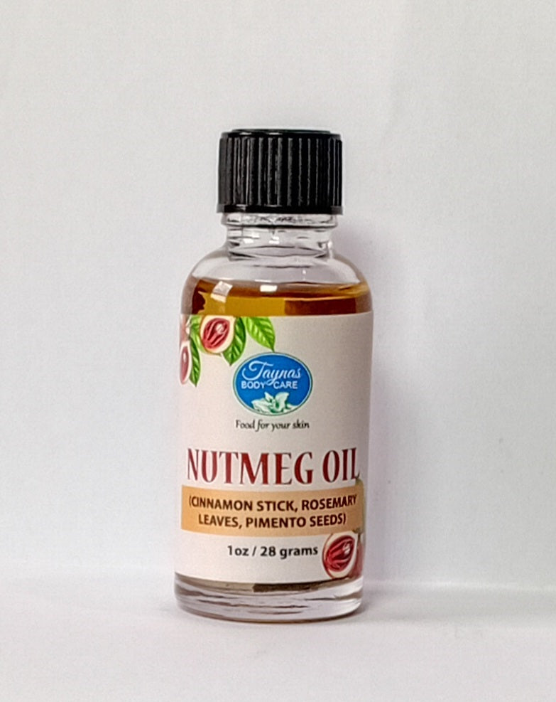 Bottle of Taynas Body Care Nutmeg Oil for body care, showing the product label and amber glass bottle on a white background.