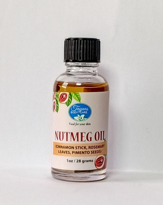 Bottle of Taynas Body Care Nutmeg Oil for body care, showing the product label and amber glass bottle on a white background.