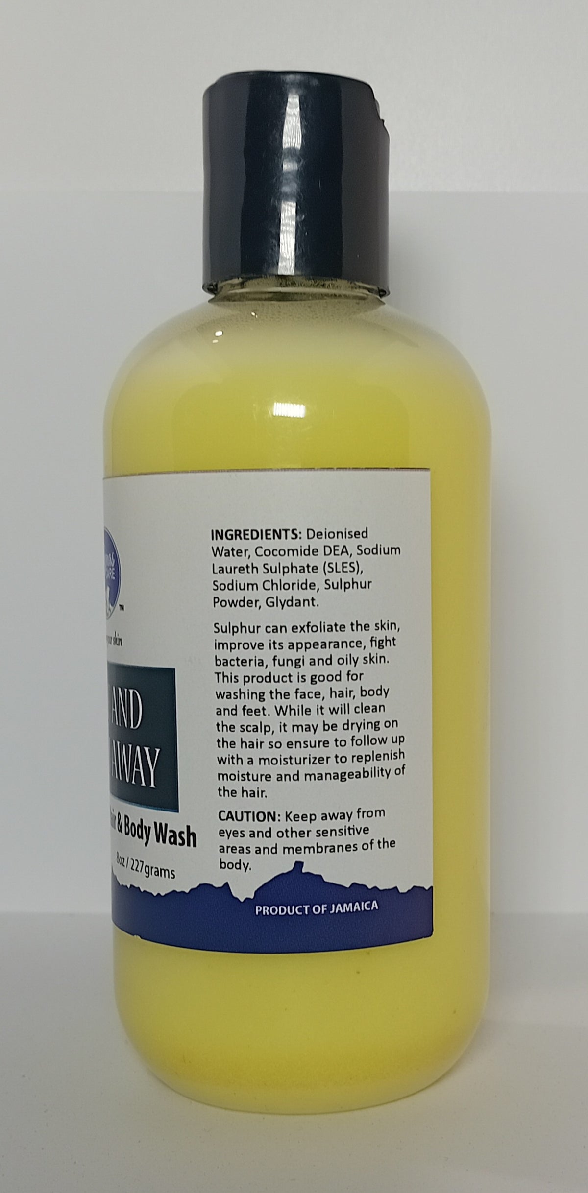 Taynas Body Care Acne and Fungi Away Sulphur Face, Hair & Body Wash in a pump bottle, used for facial and body skin care.