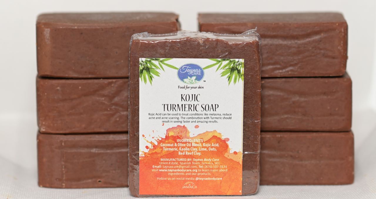 Natural bar soap with kojic acid and turmeric for dark spot removal, from Taynas Body Care.