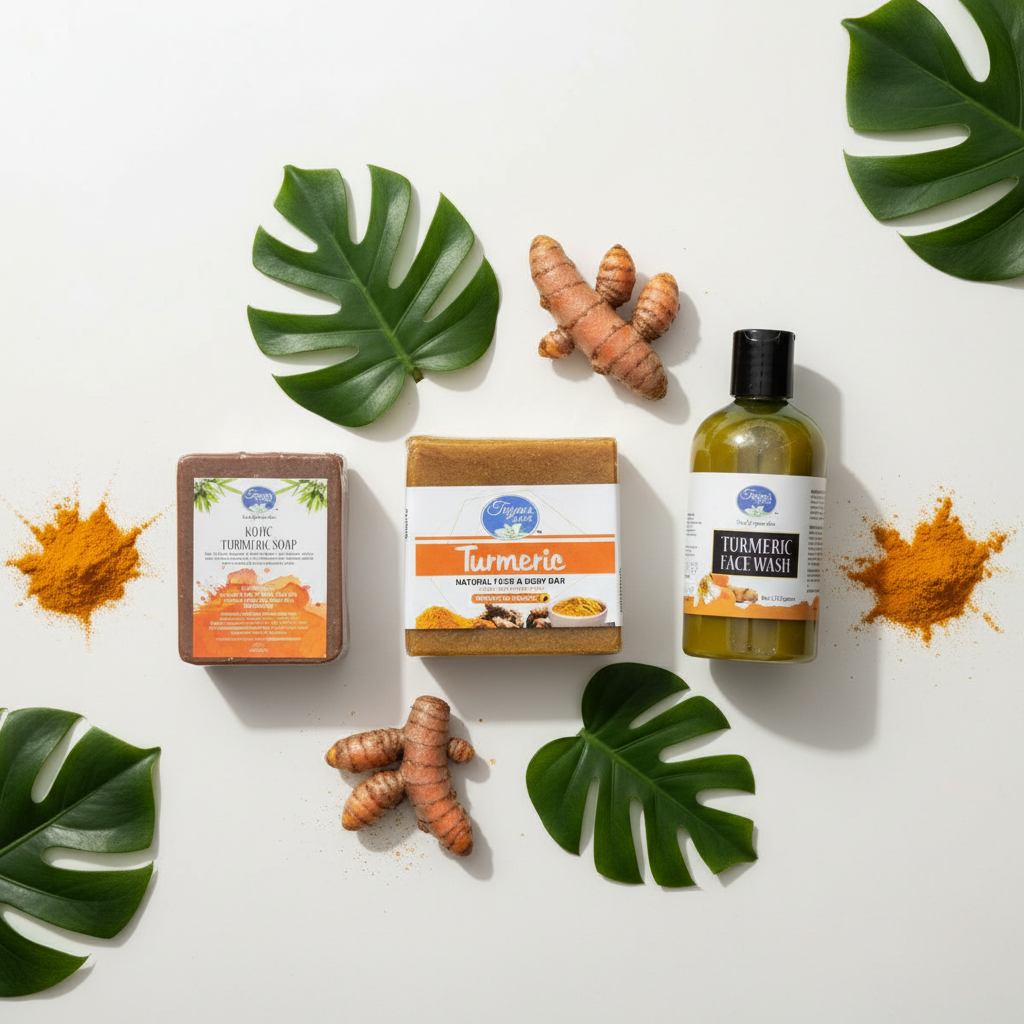 Turmeric Glow Set - Taynas Body Care bundle featuring Turmeric Bar Soap, Kojic Turmeric Soap, and Turmeric Face Wash